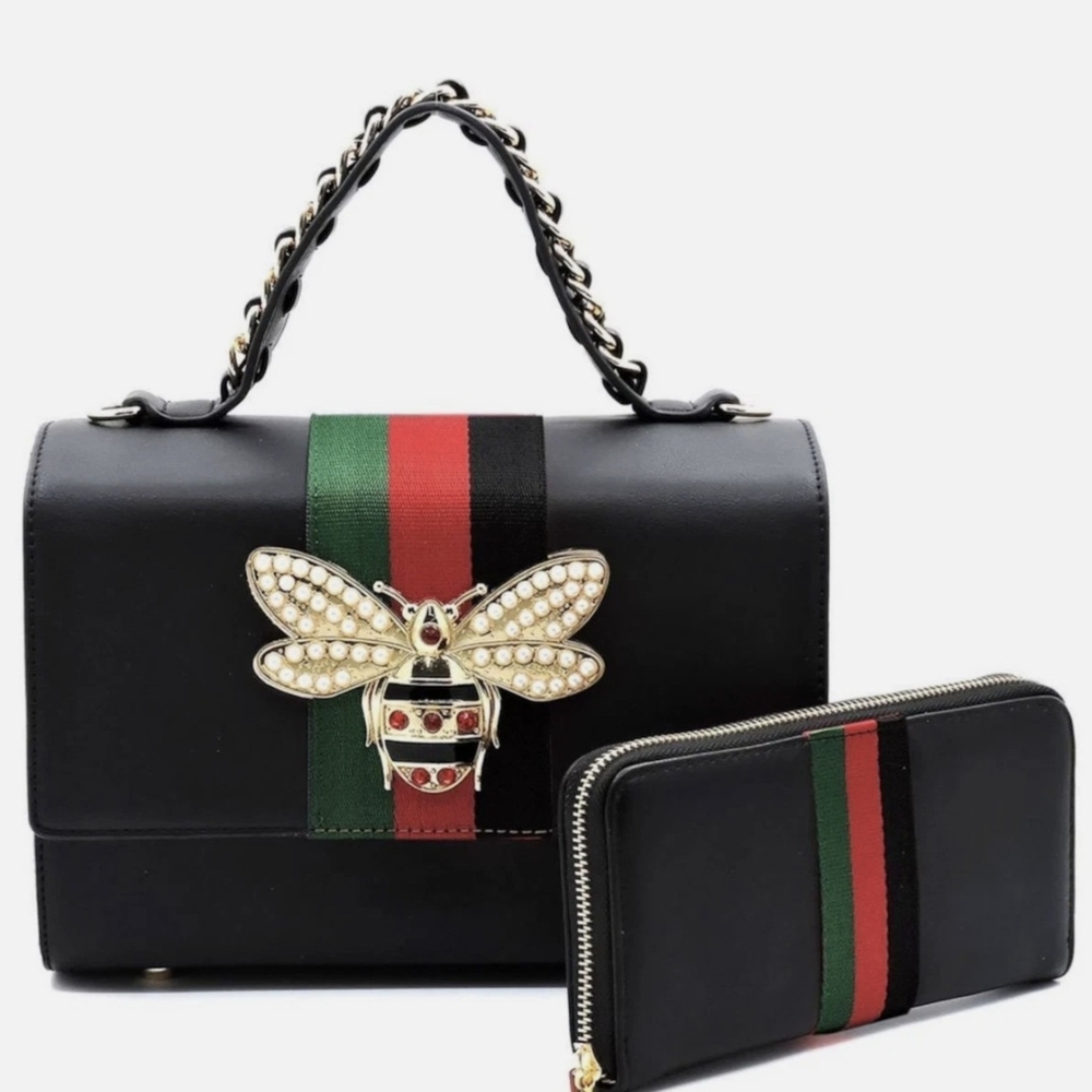 Chic Black Satchel with Bee Accent